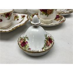 Royal Albert Old Country Roses pattern tea service for six, comprising six teacups and saucers, teapot, coffee pot, two jugs, two sucriers, six side plates, cake plate and twin handles square dish