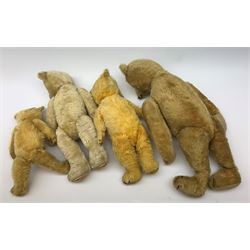 Four teddy bears 1930s-50s including large, possibly American, bear with swivel jointed head, boot button eyes, traces of horizontal nose stitching and mouth  and jointed limbs with felt paw pads H24