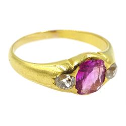 19th century 22ct gold cushion cut pink sapphire and old cut diamond ring, the inside shank stamped 1886