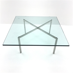  Square glass top coffee table, 'X' framed chrome supports, W102cm, H43cm, D102cm  