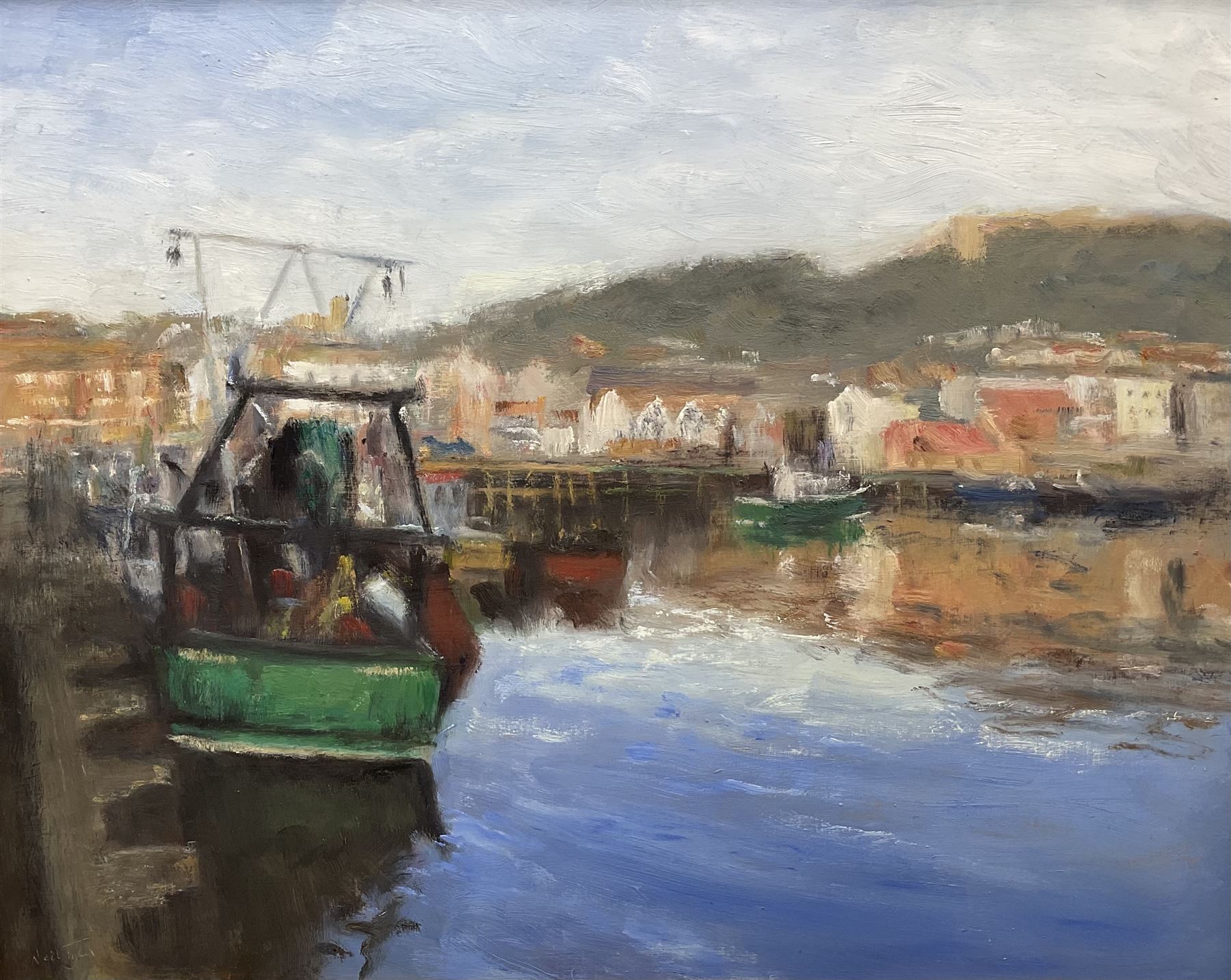 Neil Tyler (British 1945-): 'East Coast Trawler' in Scarborough Harbour, oil on board signed, titled on label verso 40cm x 50cm