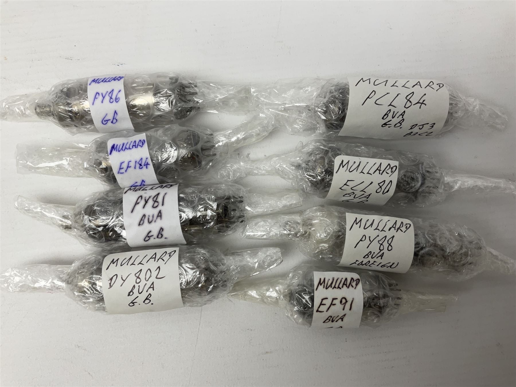 Collection of Mullard thermionic radio valves/vacuum tubes, including PY500, PFL200, EF80, PC88, PCL86, etc approximately 60 as per list, unboxed