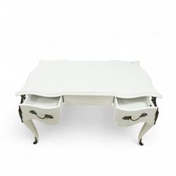 And So To Bed - French design white painted dressing table, serpentine top over two drawers, with decorative mounts and shaped cabriole legs