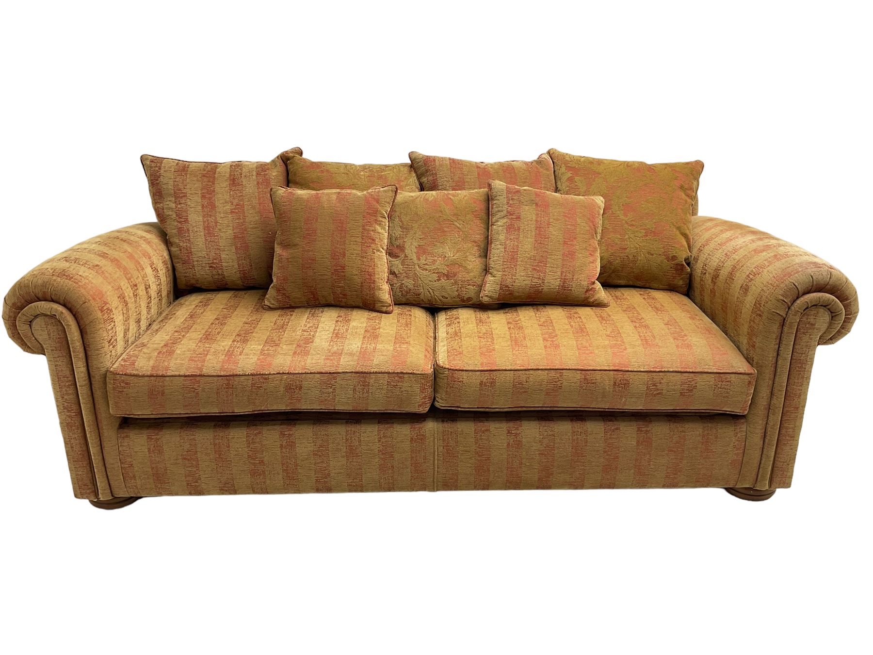 Duresta - 'Waldorf' sofa bed, traditional shape with rolled arms upholstered in red and gold striped fabric, together with scatter cushions upholstered in foliage pattern fabric