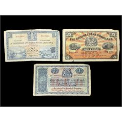 Glasgow, Clydesdale and North of Scotland Bank Limited one pound banknote 1st March 1952 ‘E312010’, The National Bank of Scotland Limited one pound 1st October 1954 ‘B/K 997-929’ and Edinburgh The British Linen Bank one pound 9th August 1955 ‘Y/2 026919’