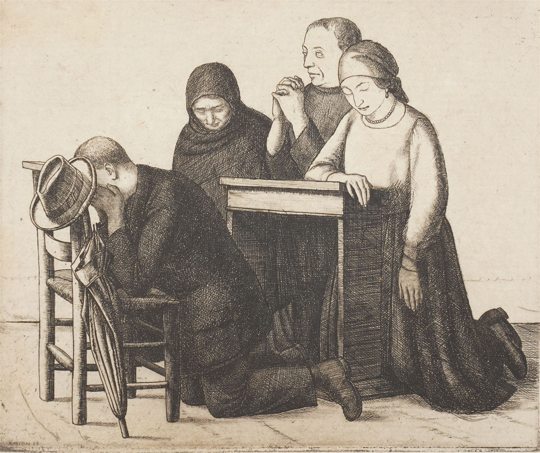 Frederick George Austin (British 1902-1990): A Peasant Family in Prayer, drypoint etching signed and dated 1928 in pencil 13cm x 16cm (unframed)
Provenance: direct from the granddaughter of the artist