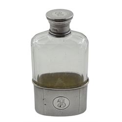 Early 20th century silver and faceted cut glass hip flask, removable engine turned silver cup and screw top lid, both with engraved initials 'RS' by Asprey & Co Ltd, London 1917
