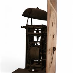Mid-19th century-oak cased 8-day longcase clock, with a swan neck pediment, brass ball and spire finial and paterea, break arch hood door, detached pilasters with Corinthian brass capitals, trunk with canted corners and a spire topped door, square plinth with moulded feet, painted dial with images of the four seasons to the spandrels and a depiction of a boy and his dog to the arch, with Roman numerals, seconds and calendar dial and matching steel hands, dial pinned to a rack striking movement, striking the hours on a bell.