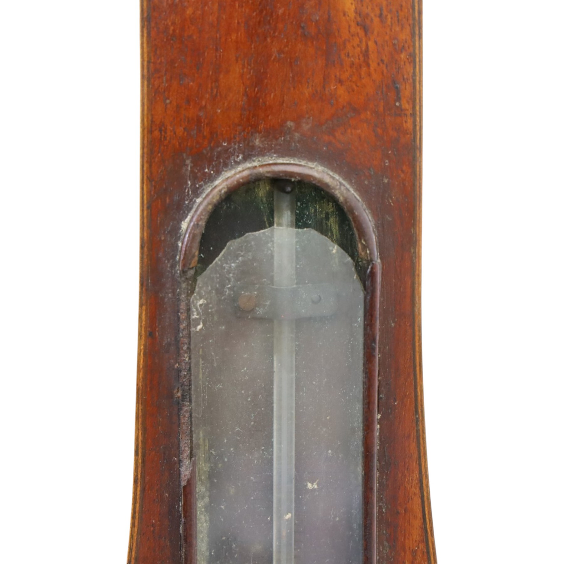 Three wheel barometers, a mother of pearl inlaid mahogany case, swan neck pediment, thermometer and circular dial, H 92cm, the second Sheraton Revival style with floral inlay, swan neck pediment, thermometer and circular dial, H 102cm, the third Sheraton Revival style, H 95cm (3)