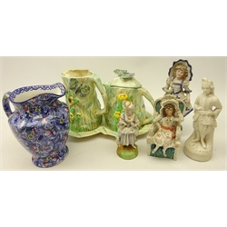  Radford 'Butterfly ware' jug and teapot on stand, Ringtons jug & four French bisque figures (6)  
