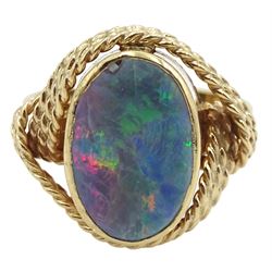 Gold oval opal doublet ring with rope twist design gallery, stamped 9ct