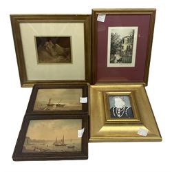 Five framed prints, including seascapes, cityscapes and portraits 