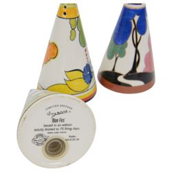 Three Clarice Cliff by Wedgwood sugar shakers, in Autumn, Blue Firs and Cornwall pattern 
