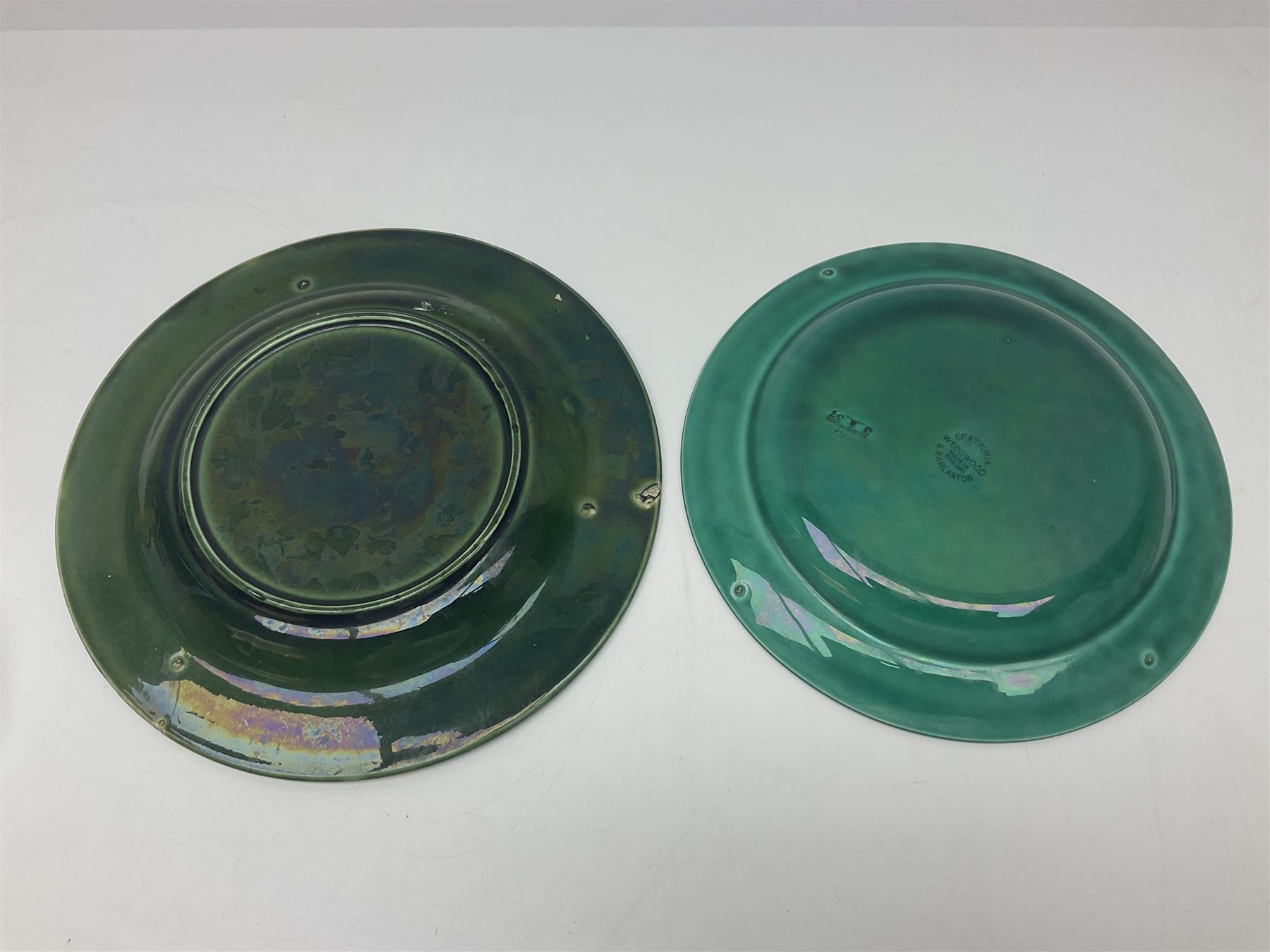 Wedgwood majolica leaf plate, together with another similar and together with a Dresden figure, etc 