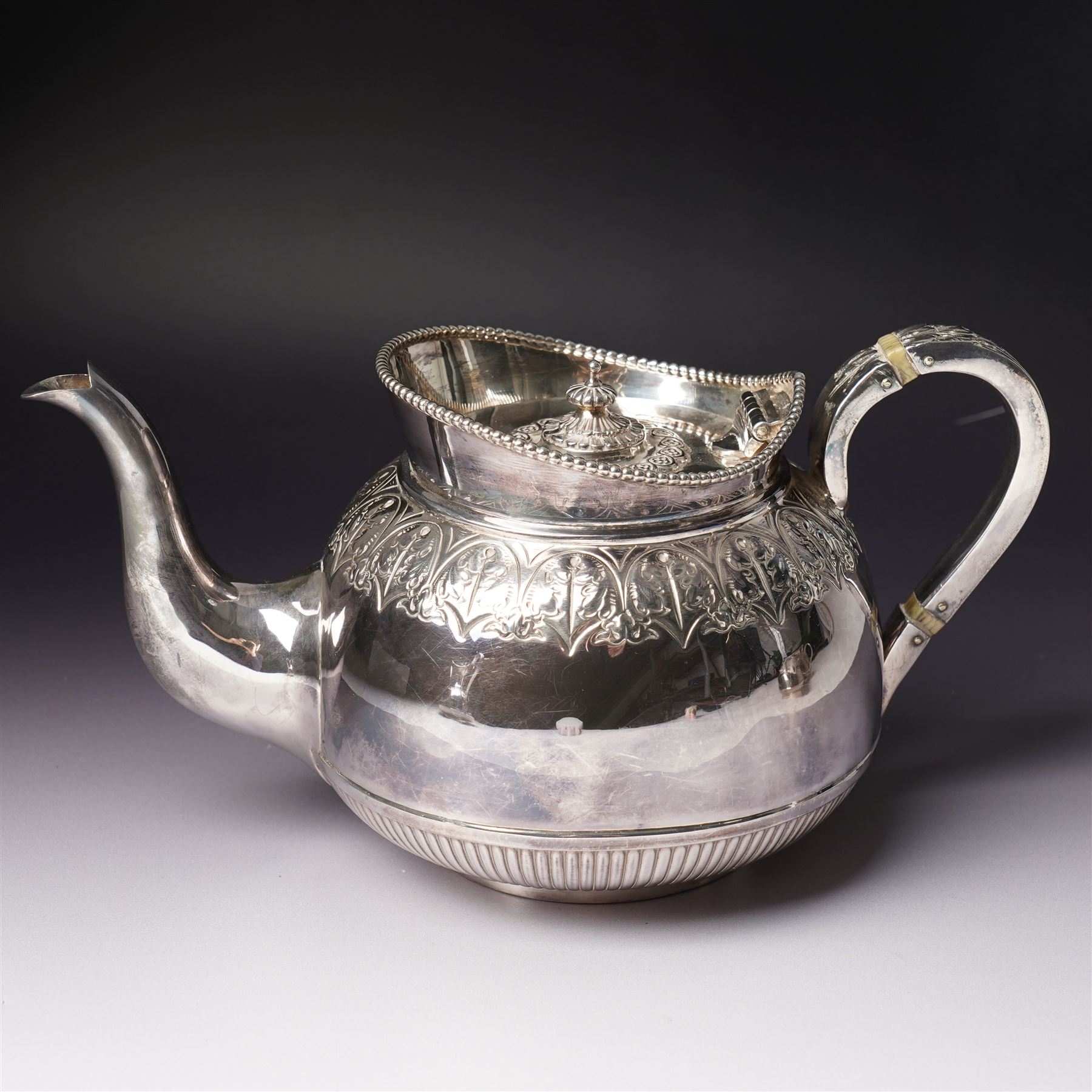 Edwardian silver four piece tea and coffee set with leaf capped handles and foliate banding Sheffield 1902-1905 Maker Richard Richardson