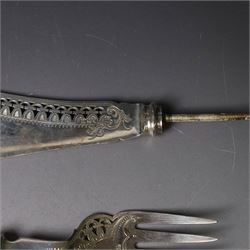 Pair of late Victorian silver fish servers, each with pierced and engraved geometric decoration, hallmarked Goldsmiths & Silversmiths Co, London 1896, handles removed, contained within fitted case