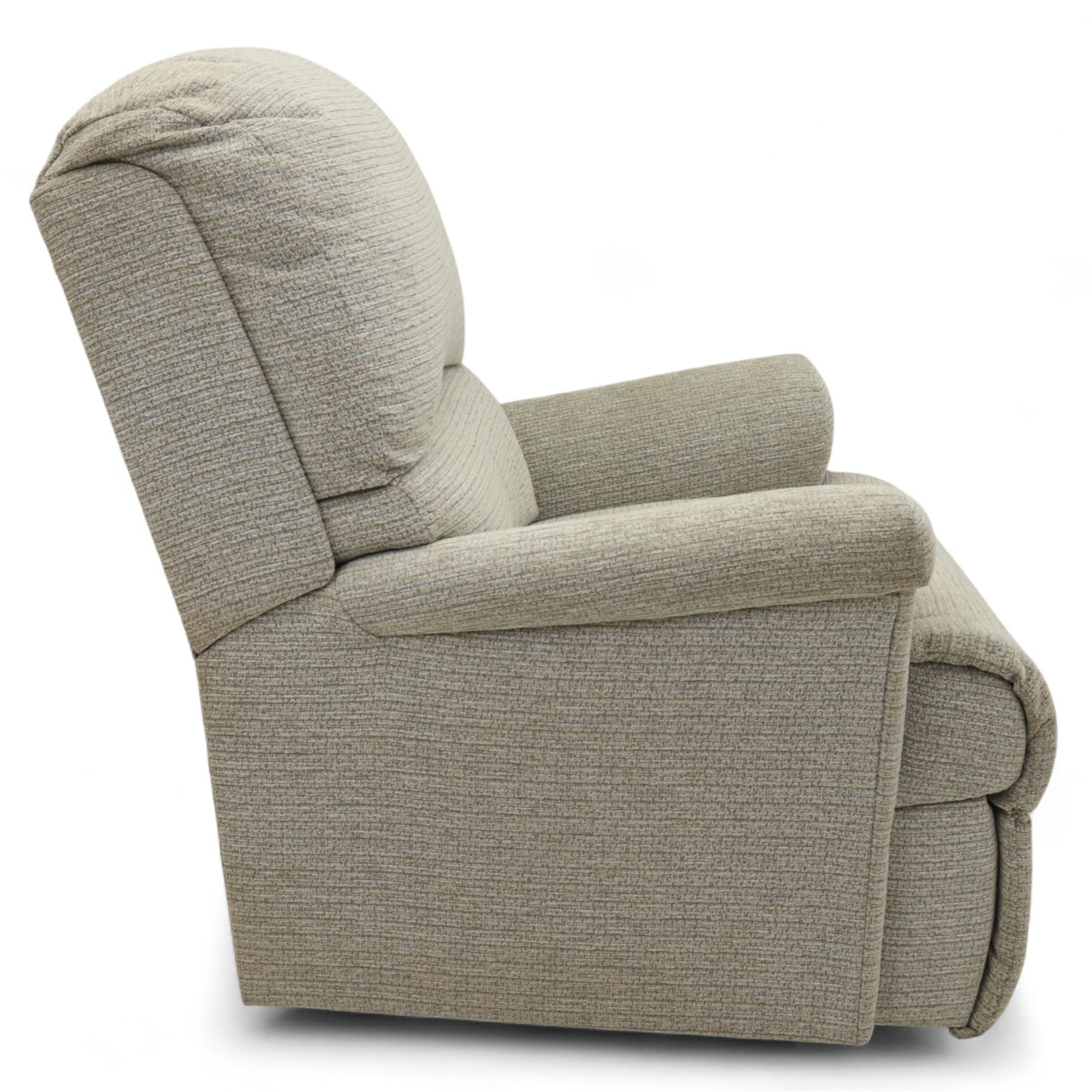 Sherborne - Pair of armchairs, in grey chenille fabric upholstery with fixed cushions and upholstered scroll arms, on castors