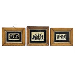 Three Regency verre églomisé or reverse painted on glass silhouettes, each depicting figural scenes, including one example of figures with puppets and cage, each within birds eye maple frame, each overall approximately H21cm W26cm