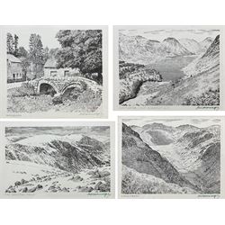 Alfred Wainwright MBE (British 1907-1991): 'Wycoller', 'Wastwater', 'The Coniston Fells', and 'Langstrath', four monochrome prints each signed in pen by the artist, max 17cm x 23cm (4)