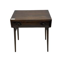 Ercol - dark elm console table, fitted with single drawer, on square tapering supports 