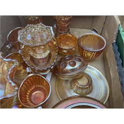 Collection of orange carnival glass, including jugs, dishes, vases etc, in two boxes 