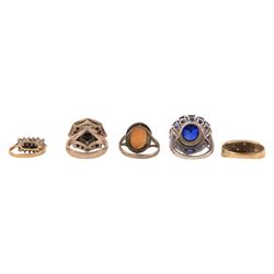 Two 9ct gold paste rings, both hallmarked, together with three silver stone set rings