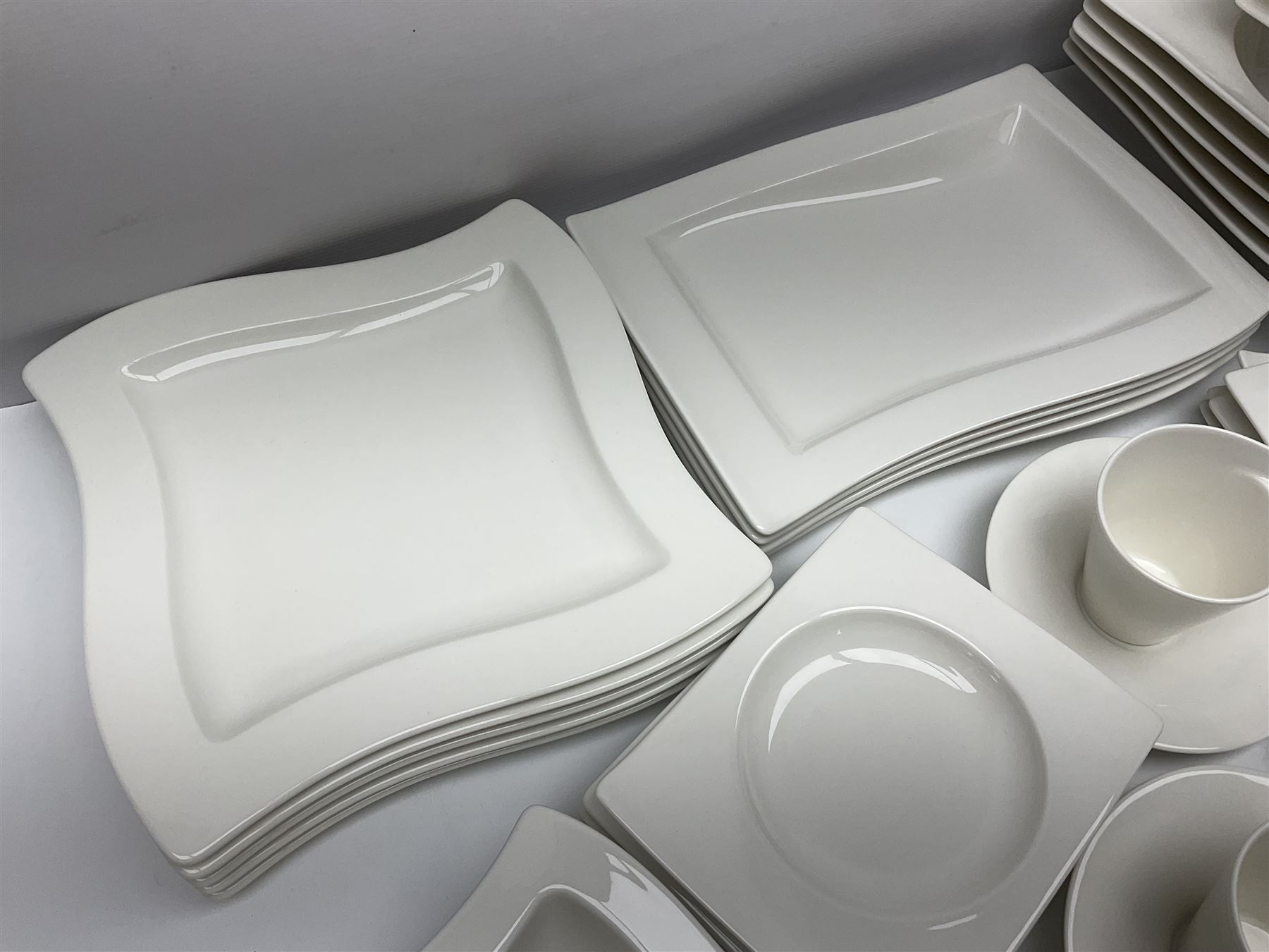 Villeroy & Boch New Wave pattern dinner and tea service for five people, comprising square dinner plates, rectangular dinner plates, pasta bowls, cereal bowls, coffee cups and saucers, side plates and dessert plates, all with printed mark beneath