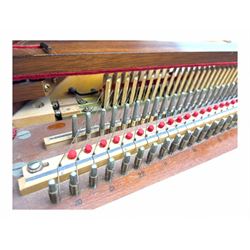 William de Blaise of London- mid 20th century Cembalo Traverso one manual Harpsichord in a teak case, with a five octave F1-f3 compass, two sets of strings and two rows of jacks, with three pedals and one hand stop, with one 8' and one 4', harp and piano to to 8', with a folding music desk and key fall, tuning key and tuning fork.
