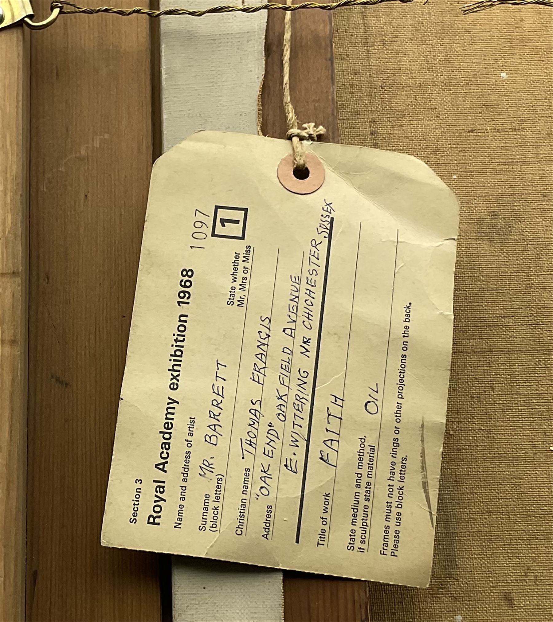 Thomas Francis Barrett AMC FRSA (British 20th century): 'Faith', oil on canvas signed and dated 1966, titled verso with artist's addresses 106cm x 71cm in Pre-Raphaelite style hand-tooled gilt gesso frame
Provenance: Royal Academy Exhibition 1968, label verso 