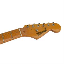 Two Richwood electric guitars, comprising Stratocaster style with cream body and Telecaster style with red metallic finish, L99cm