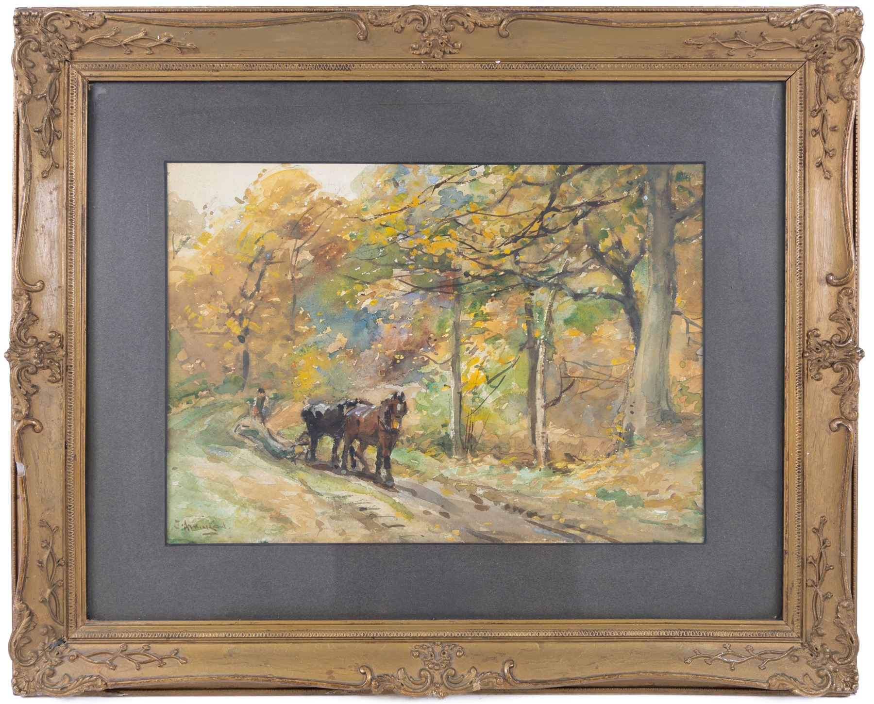 John Atkinson (Staithes Group 1863-1924): Horses Logging in Autumn, watercolour signed 24cm x 34cm 