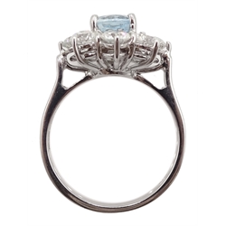 18ct white gold aquamarine and diamond flower cluster ring, hallmarked, aquamarine approx 1.30 carat, diamond total weight approx 1.60 carat

[image code: 5mc]