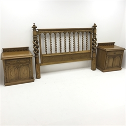 American oak 5’ Kingsize double bedstead,  open rope twist, two finials (W175cm, H132cm) and pair matching bedside cabinets, raised back, single drawer above panelled cupboard door, plinth base (W66cm, H74cm, D47cm)