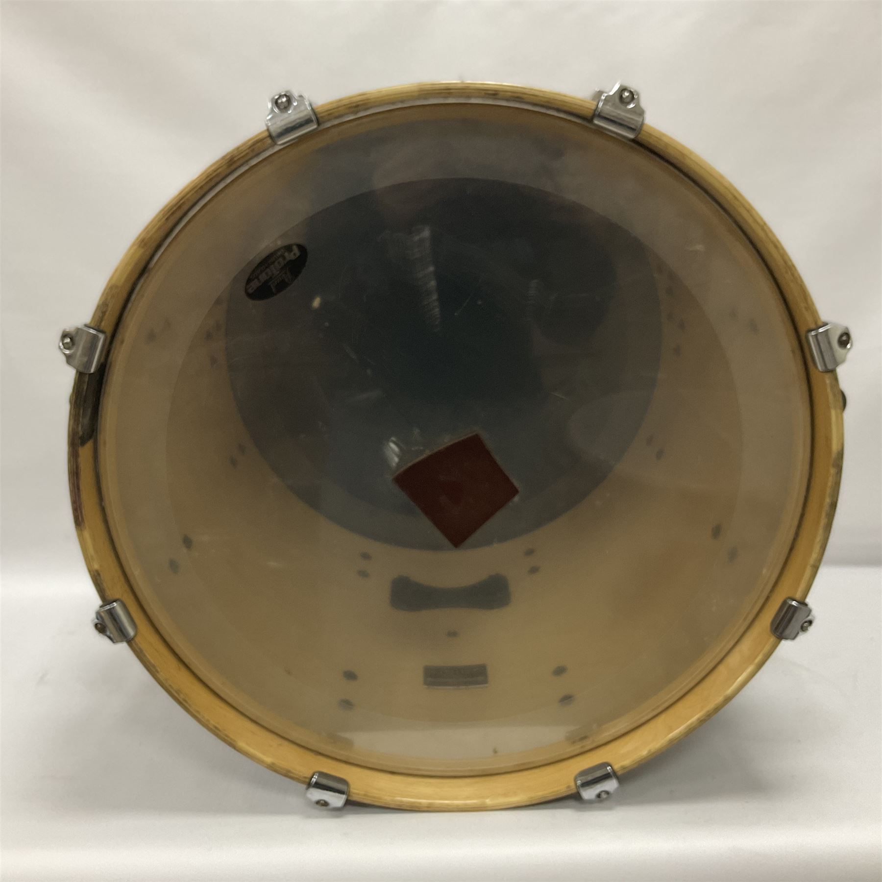 Pearl Vision SST Birch Ply shell four-piece drum kit in black comprising bass drum with foot pedal and three graduated toms; together with Pearl Custom Alloy Sensitone steel snare drum, drum and cymbal stands, microphone stand, stool and various drum sticks 