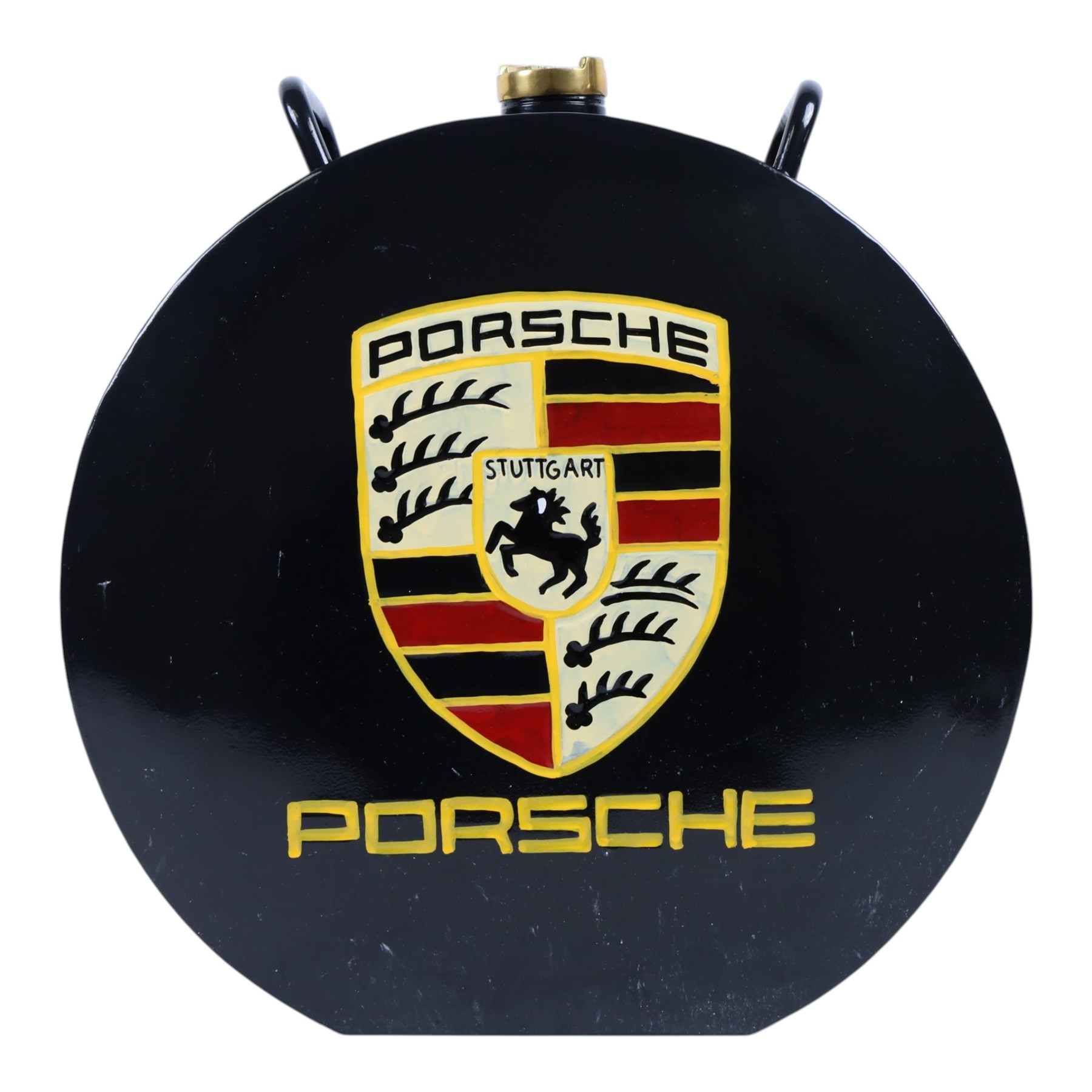 Metal petrol can in the style of Porsche, with black painted body, hand-painted Porsche logo detailing and gilt screw lid
