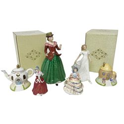 Two Coalport cottages, comprising Teapot cottage and Easter Cottage, together with four Royal Doulton figures, including Holly and Friendship 