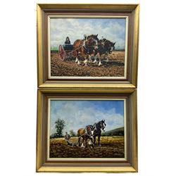 Arnold (British 20th century): 'Spring Working - Shires Pulling a Seed Drill at East Clandon' Surrey, pair oils on canvas board unsigned, one titled on label verso 34cm x 44cm (2)