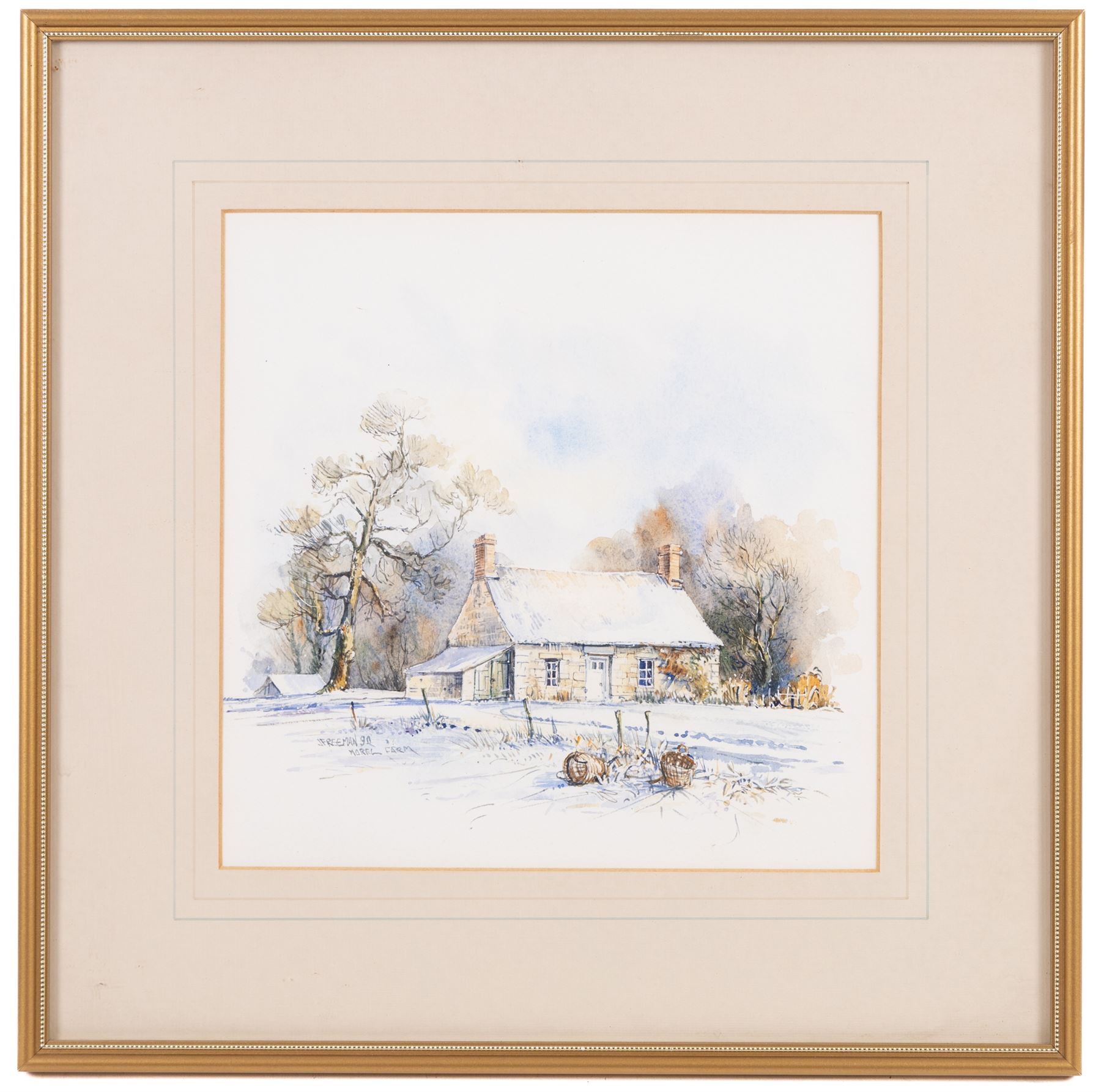 John Freeman (British 1942-): 'Morel Farm' and Farm in Winter, pair watercolours signed and dated '90, one titled, 23cm x 23cm (2)