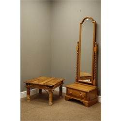 Pine cheval dressing mirror with drawer and a hardwood lamp table