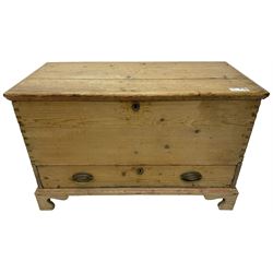 19th century waxed pine mule chest, rectangular hinged top over single long drawer, on bracket feet