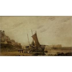 Samuel Austin OWS (British 1796-1834): Fishing Port at Low Tide, watercolour signed and dated '22 on the hull of the boat 24cm x 43cm