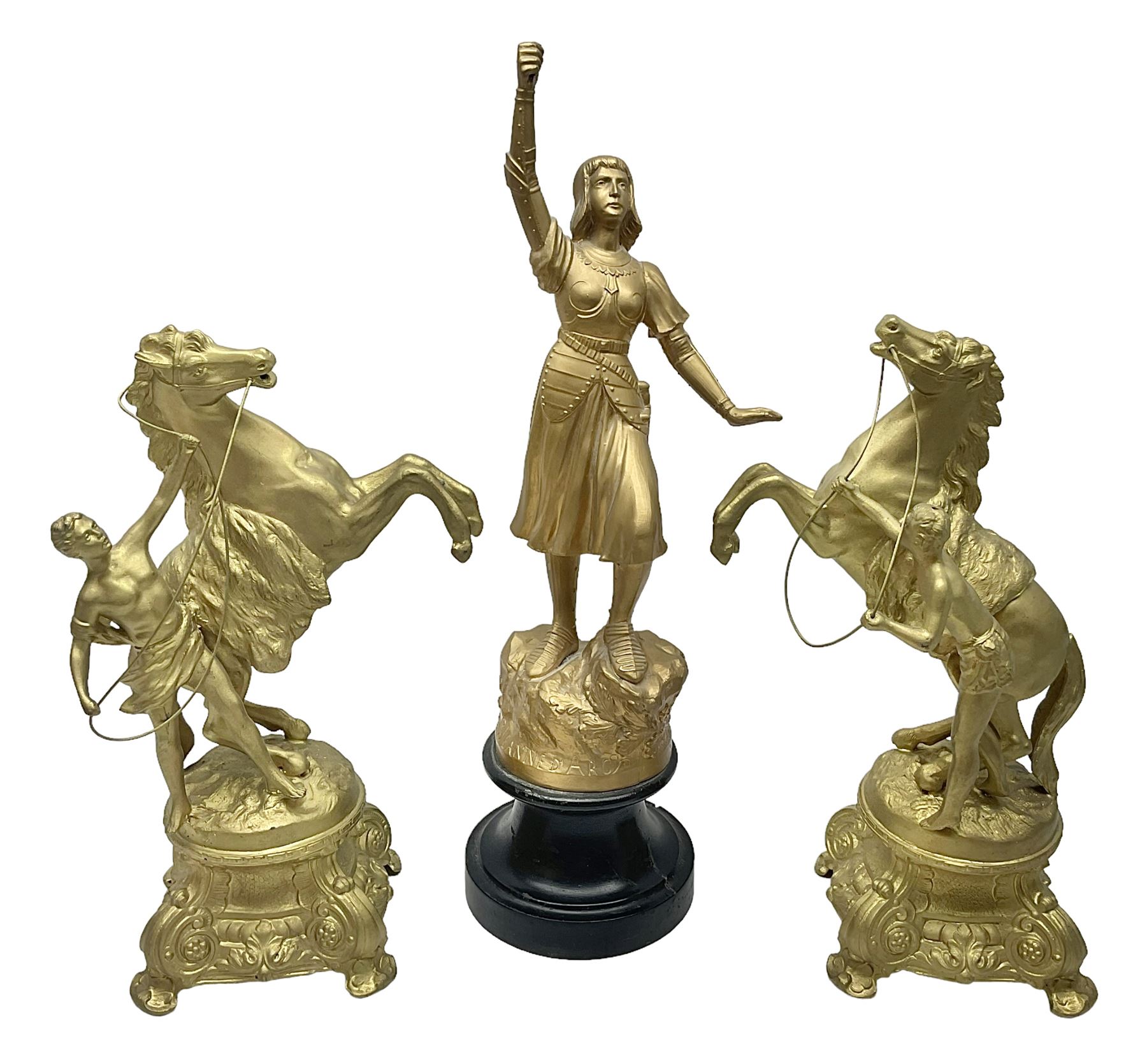 After Guillaume Coustou, pair of spelter Marley Horses, together with Jeanne D Arc figure, largest H48cm