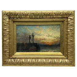 Richard Weatherill (British 1844-1913): Whitby Piers at Sunset, oil on board signed 14cm x 22cm