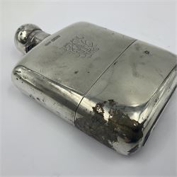 Edwardian silver hip flask, of typical form, engraved with monogram, with detachable silver cup with gilt interior, hallmarked James Dixon & Sons Ltd, Sheffield 1908, H14cm