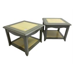 Pair of cream and grey finish square lamp tables with undertiers (60cm x 60cm, H45cm); matching nest of three occasional tables (W55cm, H48cm, D35cm); and a two-tier stand (34cm x 34cm, H75cm)