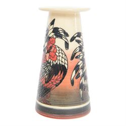 Dennis Chinaworks, Cockerels vase, by Sally Tuffin, signed, flared cylindrical form decorated with cockerels on a white and black ground, signed with printed marks beneath, H17cm