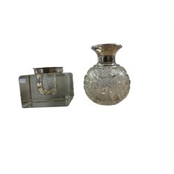 Glass inkwell with silver top, hallmarked and a cut glass scent bottle with silver top, hallmarked
