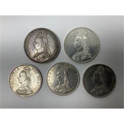Two Queen Victoria 1887 crown coins and three 1887 double florin coins (5)