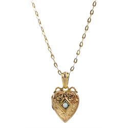 Edwardian 9ct gold engraved heart locket pendant, set with single opal and monogrammed 'AK' to reverse, maker's mark M & C, Birmingham 1906, on 9ct gold cable link chain nekclace
