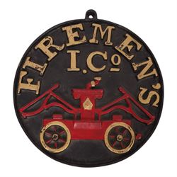 Late 20th century cast iron Firemen's Insurance Company fire mark plaque, D33cm, together with replica Phoenix Assurance Company Limited fire mark, upon plaque, modern Royal exchange Assurance company crest upon shield, Phoenix Assurance Company Limited commemorative dish, pewter inkwell, and pewter desk stand, L17cm, and a modern York & North of England cast brass heraldic plaque, H22cm